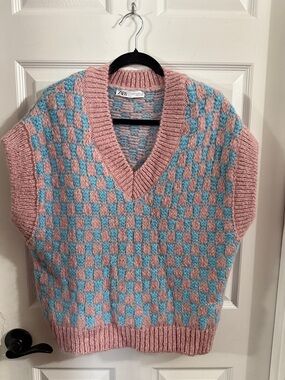 Zara Pink & Blue Checkered V-Neck Sweater Vest